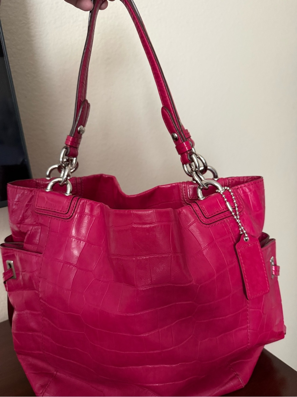 Coach Hot Pink Croc-Embossed Shoulder Bag